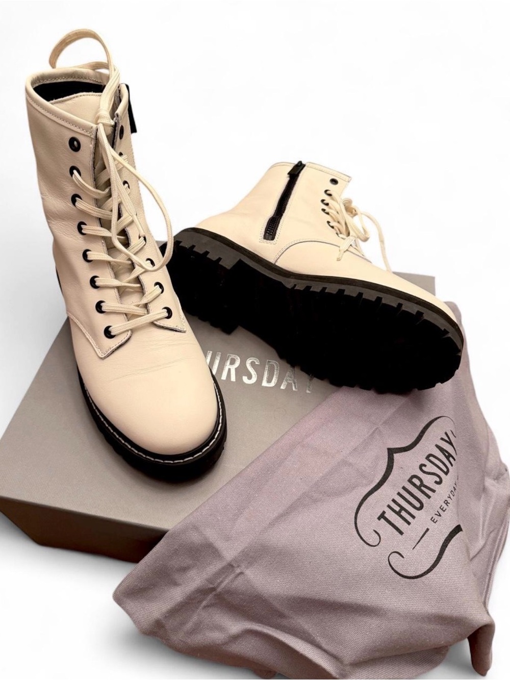 Thursday Boot Co Women’s Combat Boots 7.5 White Ecru Leather Like New Box